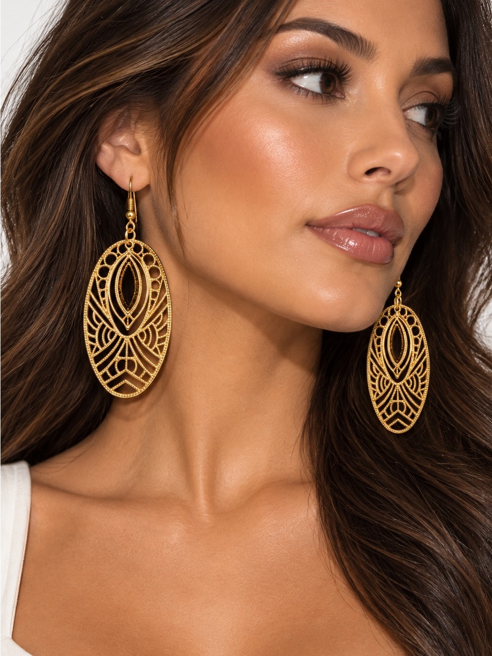 Gold Filigree Oval Drop Earrings • NEW ON CARD